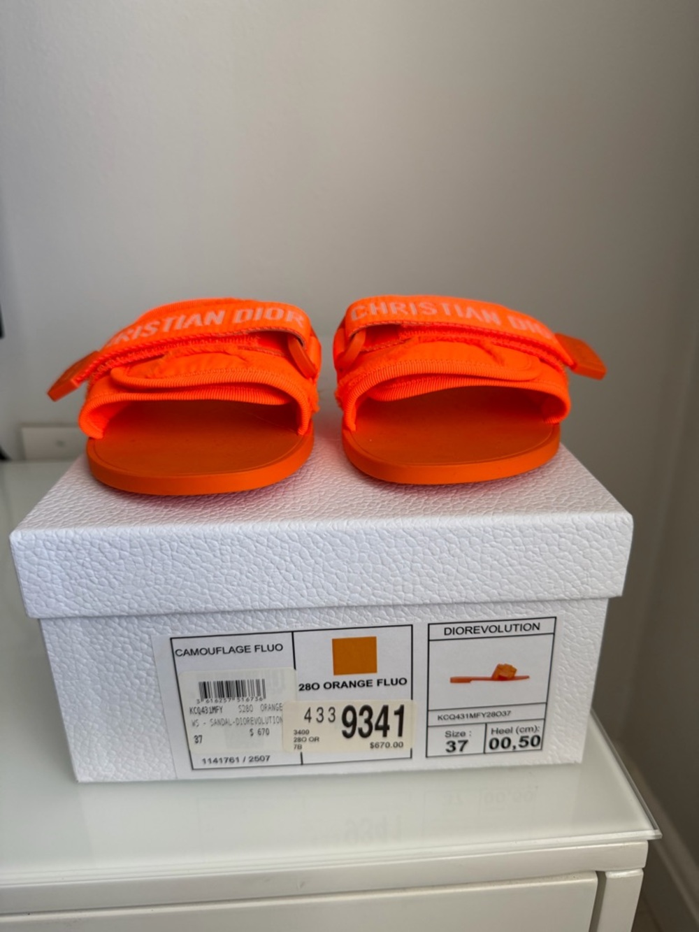 Dior Orange Fluo Logo Slide Sandals - Picture 2 of 7